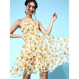 Sassafras Yellow Floral One Shoulder Organza Dress Size Medium Sheer Overlay